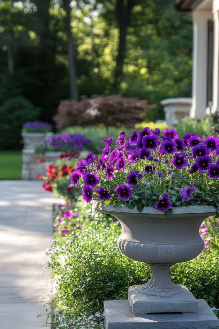 Bright violets in large planters add vivid color to an inviting garden setting. The garden features well-maintained pathways surrounded by lush greenery and a vibrant mix of flowers. The arrangement showcases the beauty of spring, with sunlight highlighting the delicate petals of the violas. Nearby shrubs and other flowering plants contribute to the overall charm of this outdoor space, creating a serene environment perfect for relaxation or entertaining.