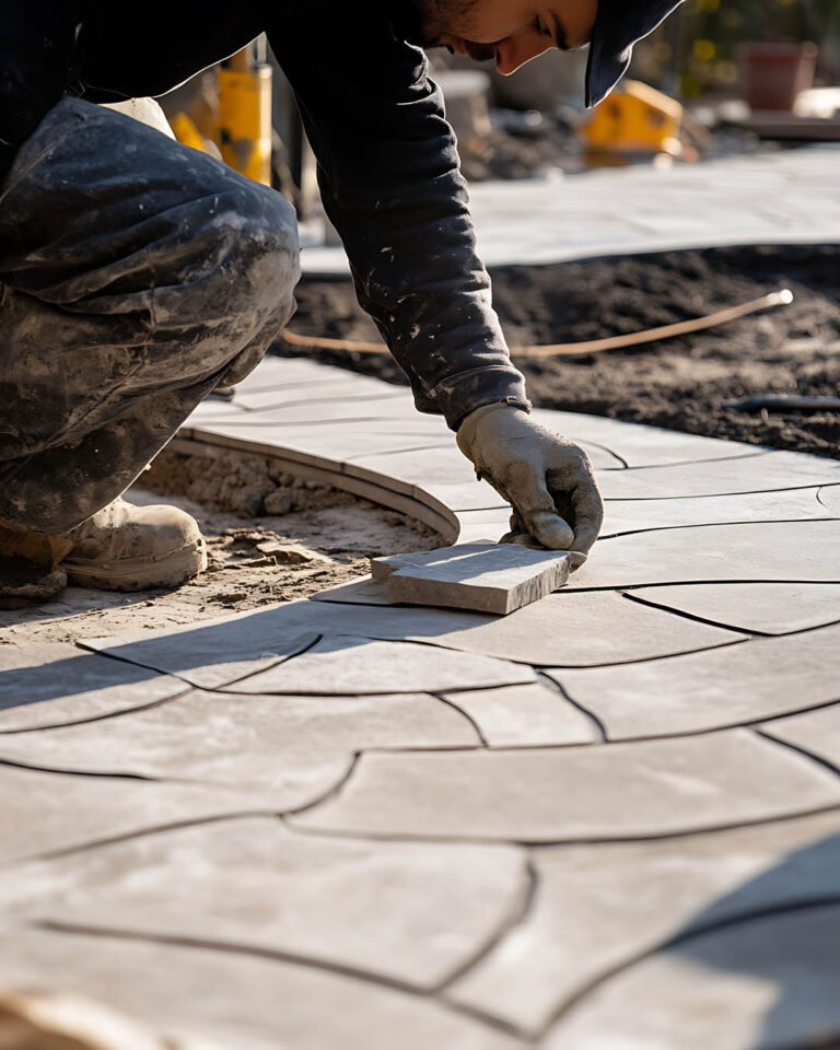 Mason shaping stone for decorative pathway. Featuring stonework